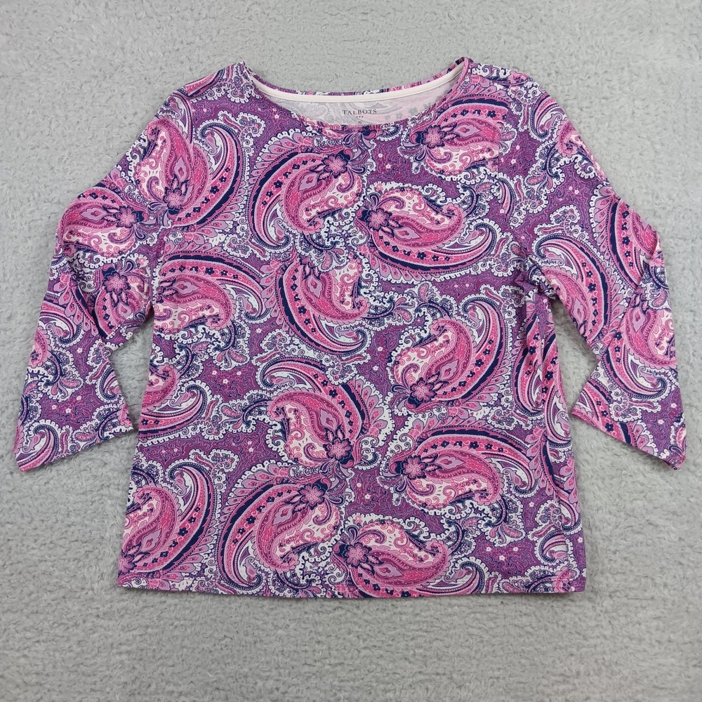 Talbots Top Paisley Women‎ XL Pink 3/4 Sleeve Boat Neck Cotton Stretch ID5418